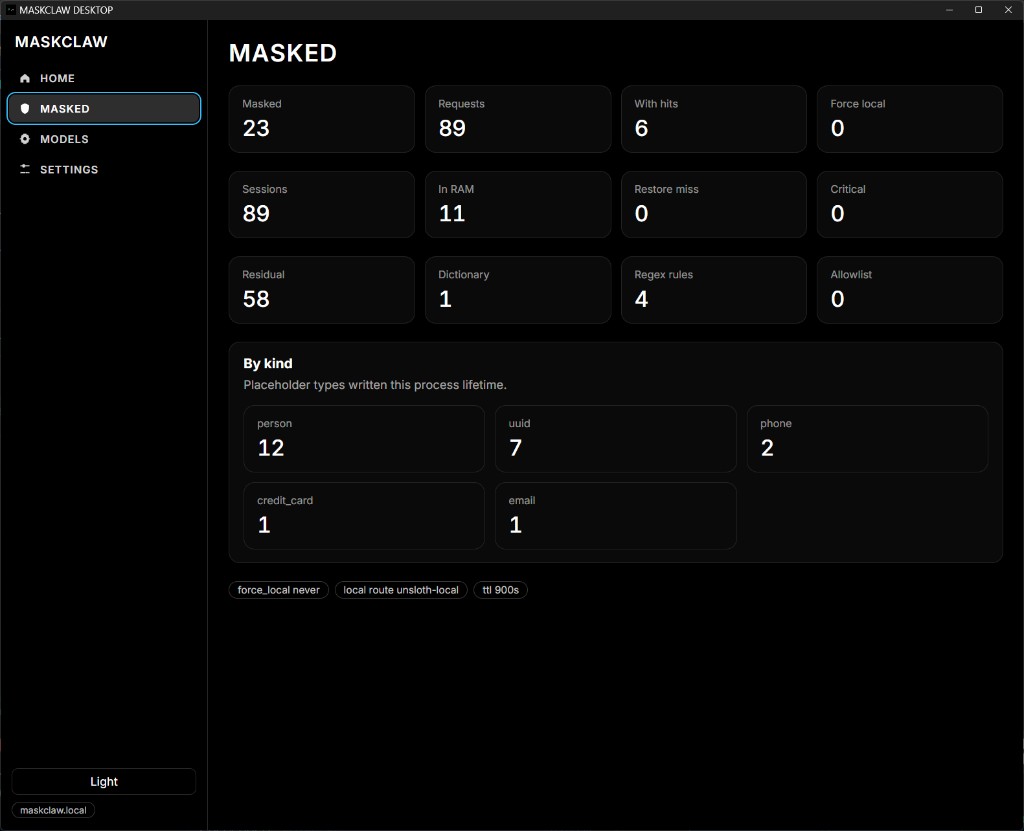 MaskClaw Desktop MASKED screen