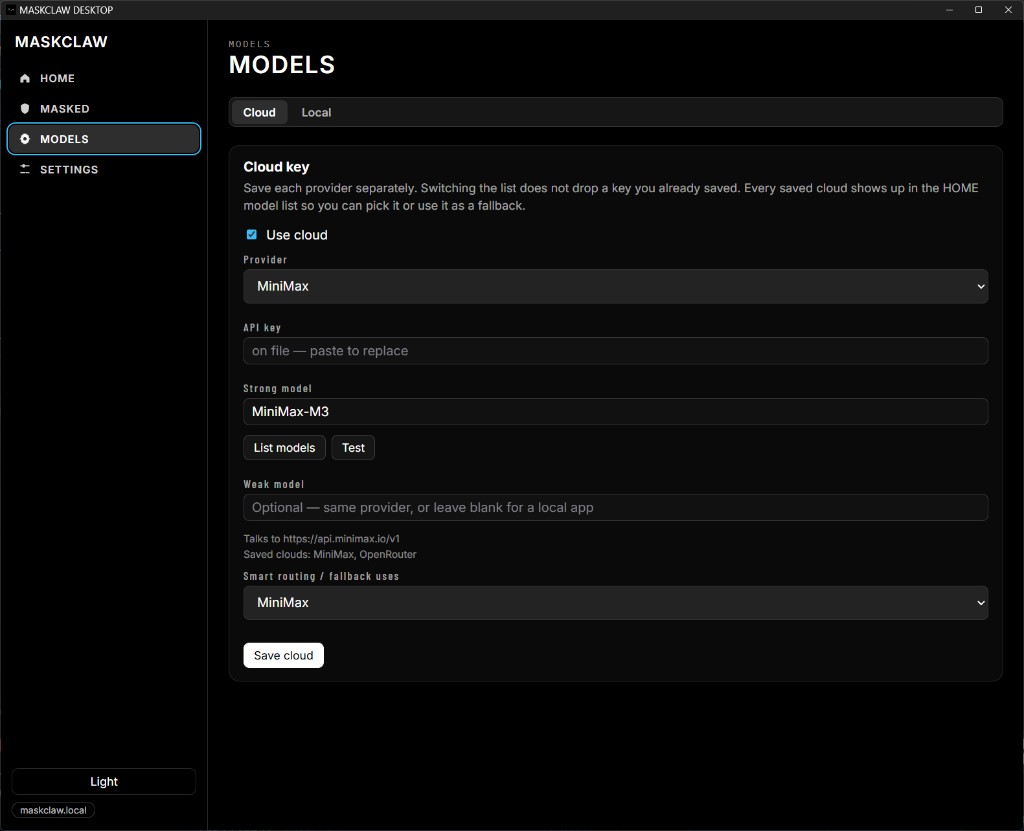 MaskClaw Desktop MODELS screen
